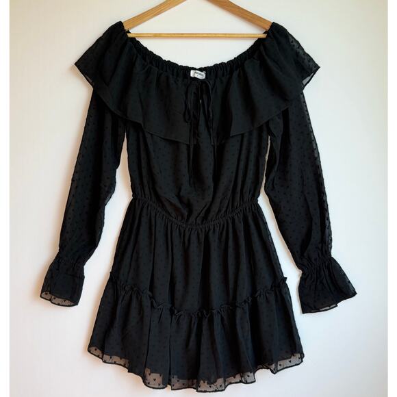 Rumored Senorita Mini Dress Black Off the Shoulder Sheer Witchy Fairy Grunge - Picture 1 of 16